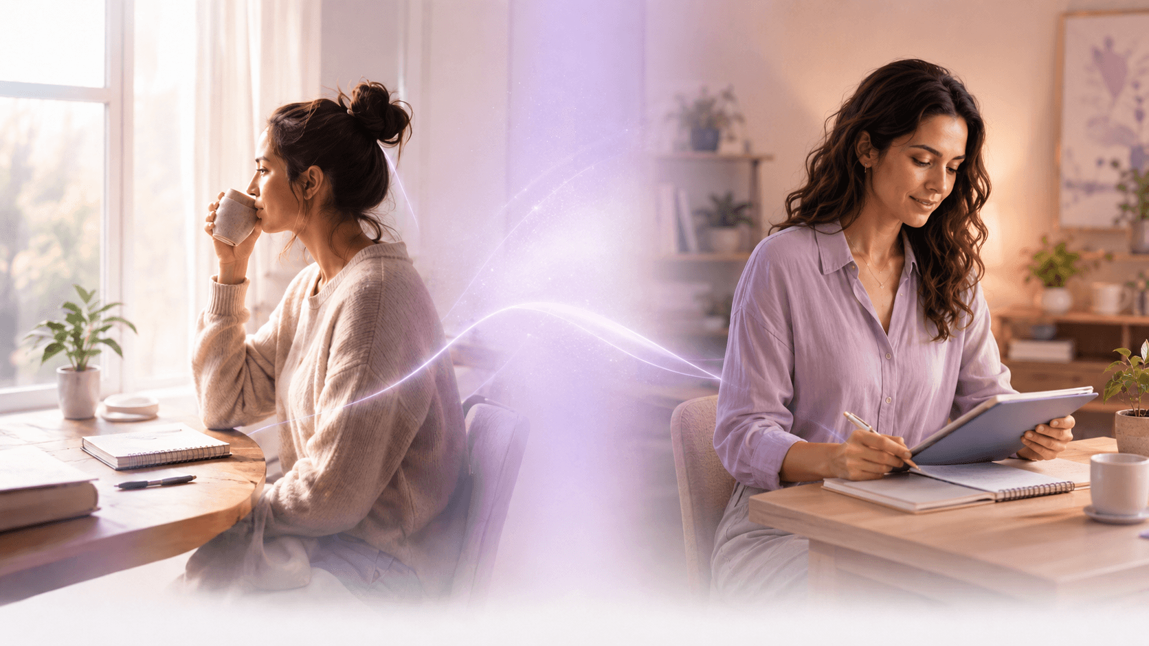 Duas mulheres em ambientes de cuidado e trabalho conectadas pelo Terapeuta Eu Sou
