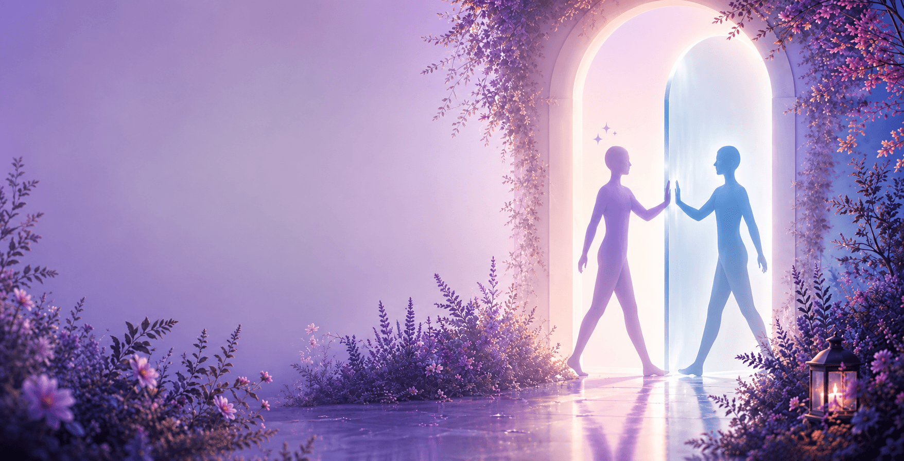 Duas pessoas se encontrando diante de um portal iluminado